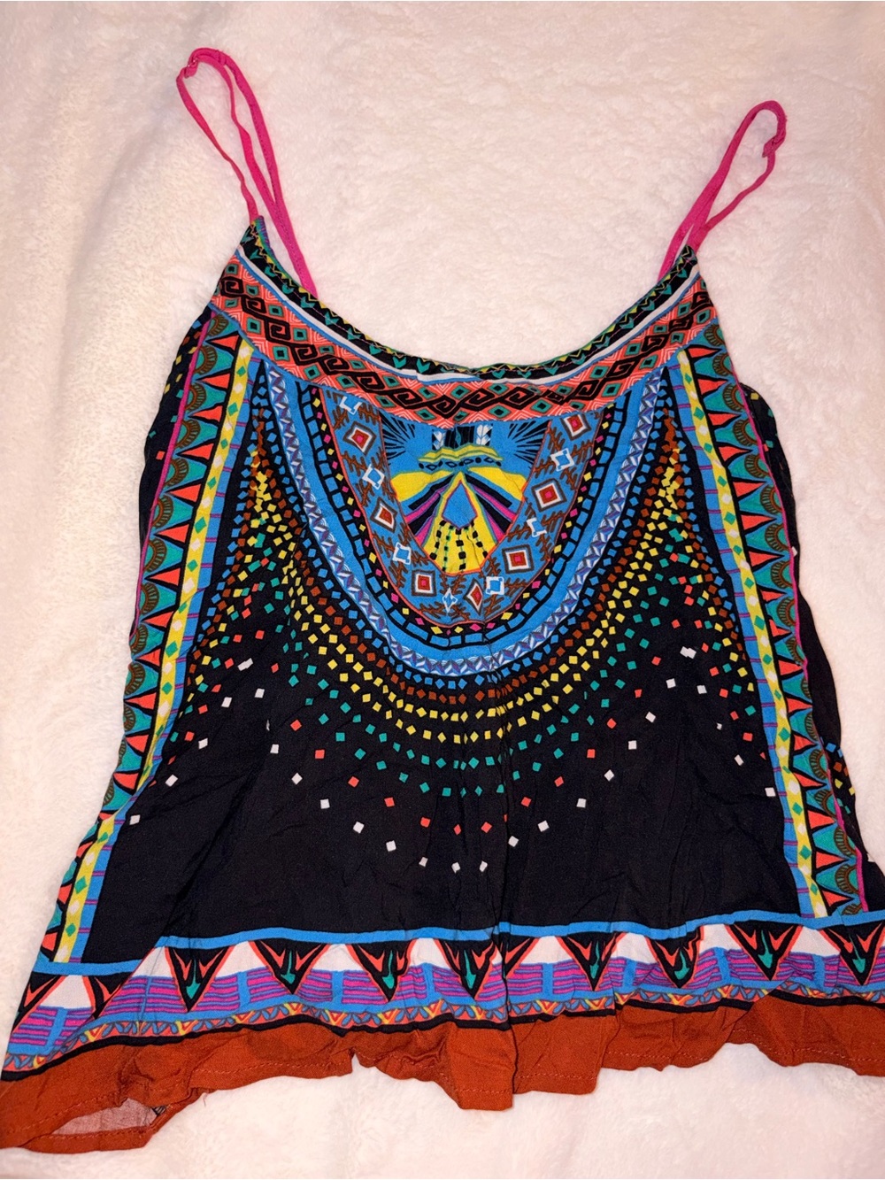 Boho Multicolor Printed Spaghetti Strap Tank Top - Pink Strap